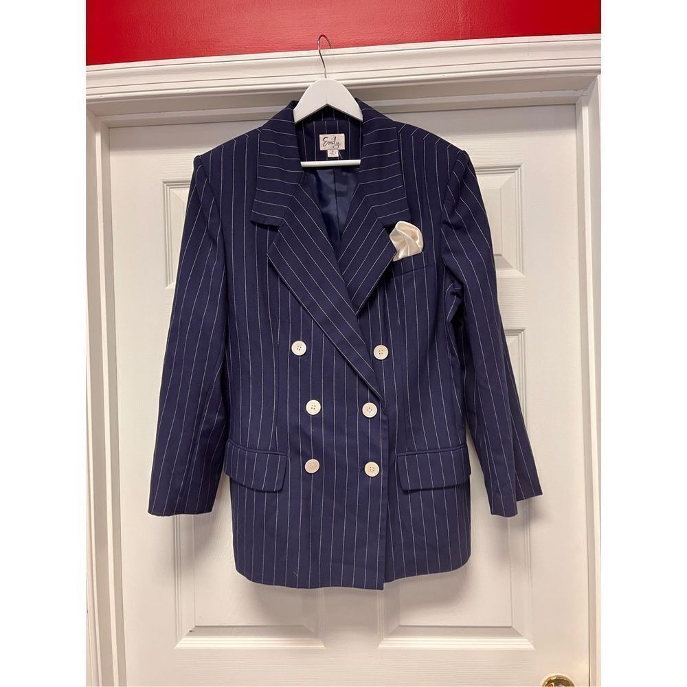 Emily Vintage Navy Pinstripe Double Breasted Suit Jacket sz 16 EUC